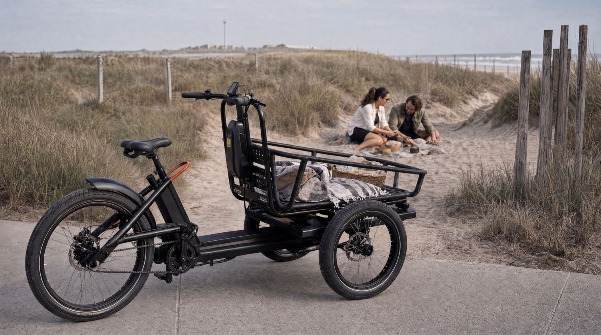 The Trike loaded with blankets and a picnic basket, parked on a path through the dunes while two people picnic on the beach behind it.