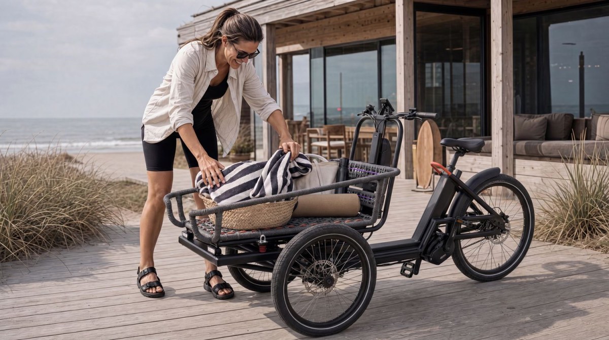 A rider loading striped beach towels and a woven basket into the Trike's open cargo rail outside a wooden beach house.